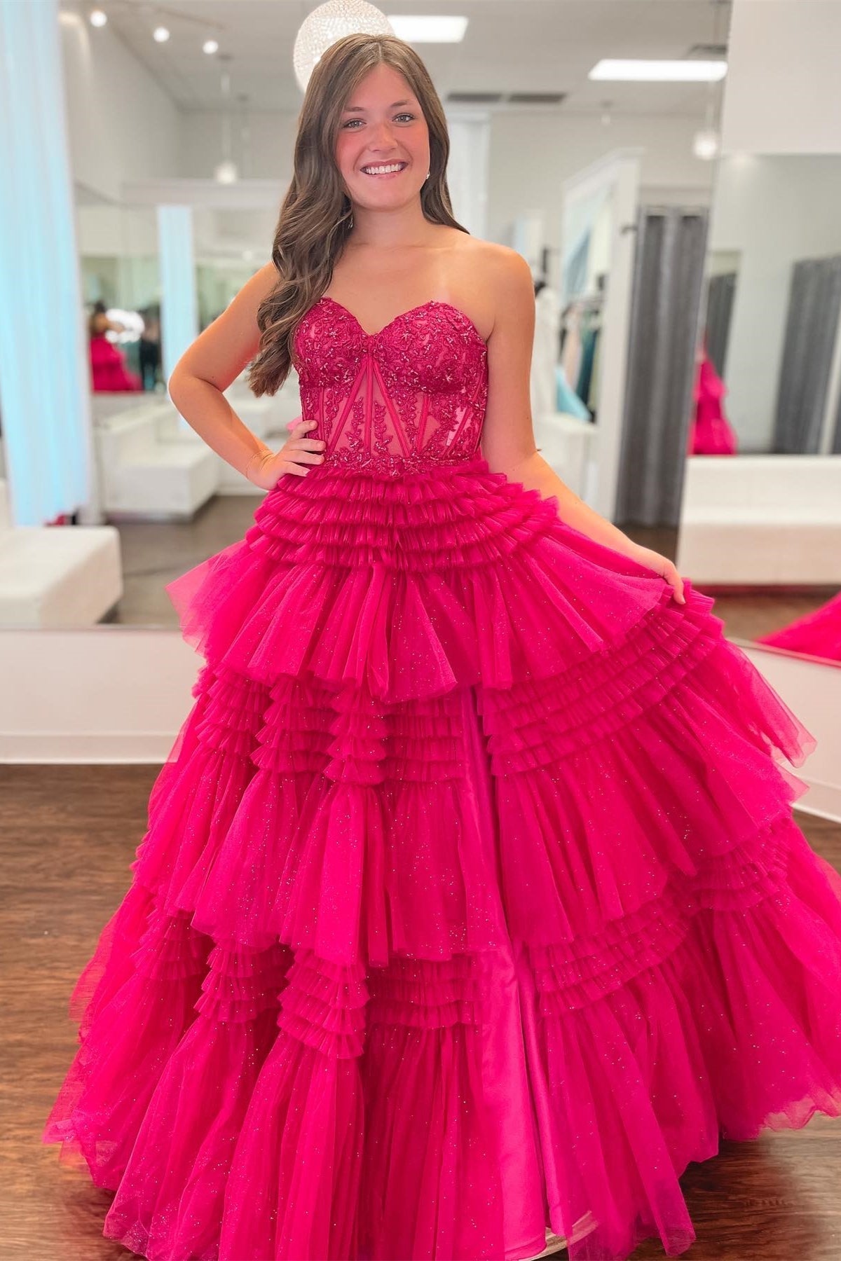 Adelyn |Fuchsia A-Line Sweetheart Tiered Tulle Prom Dress - Dresses - DINIBLO 