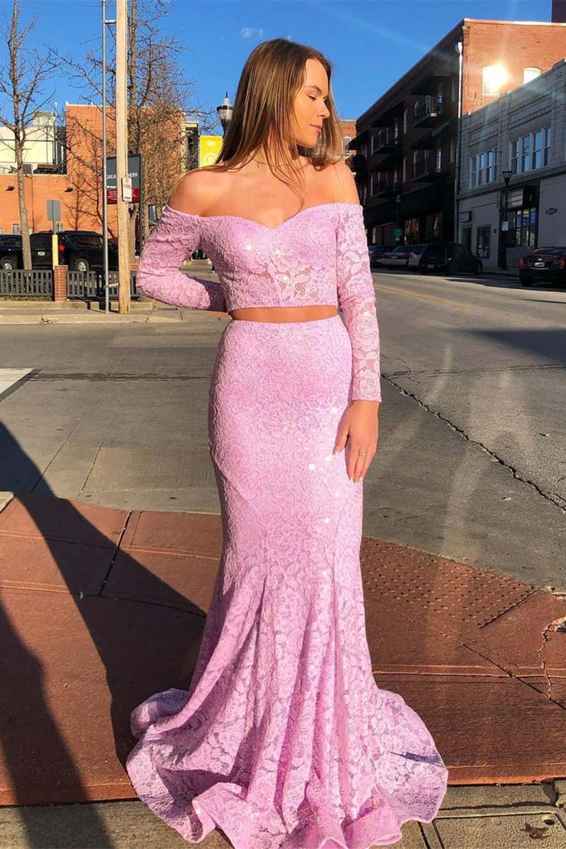 Off the Shoulder Pink Lace Long Prom Dress - Prom Dresses - DINIBLO 