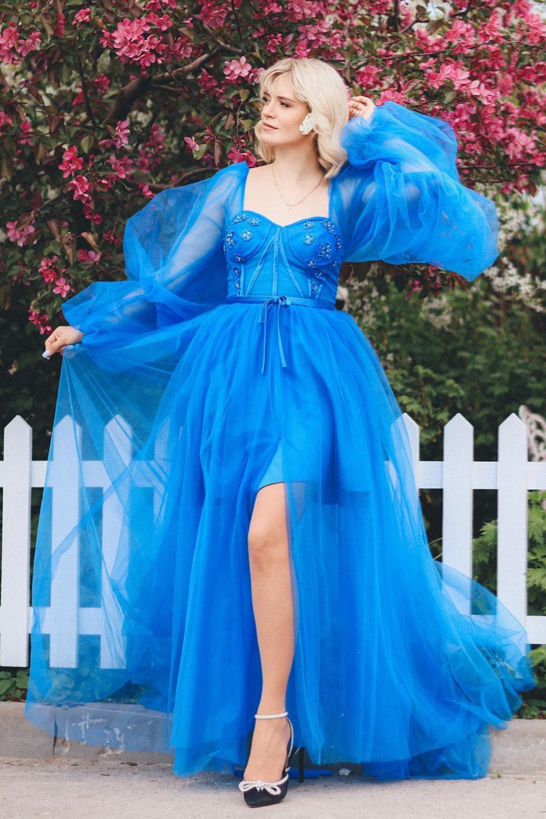 Adelynn |A line Long Sleeves Satin Tulle Prom Dress with Slit - Prom Dress - DINIBLO 