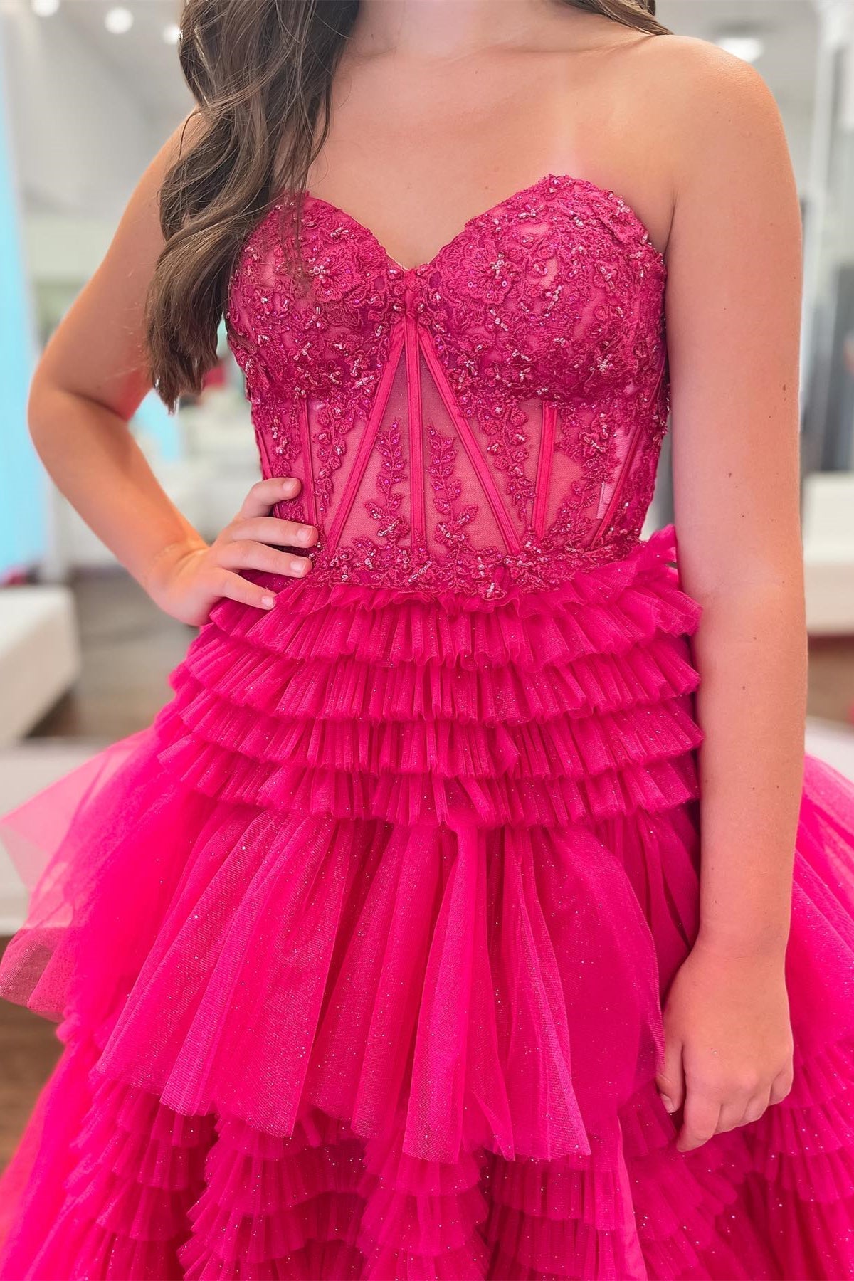 Adelyn |Fuchsia A-Line Sweetheart Tiered Tulle Prom Dress - Dresses - DINIBLO 