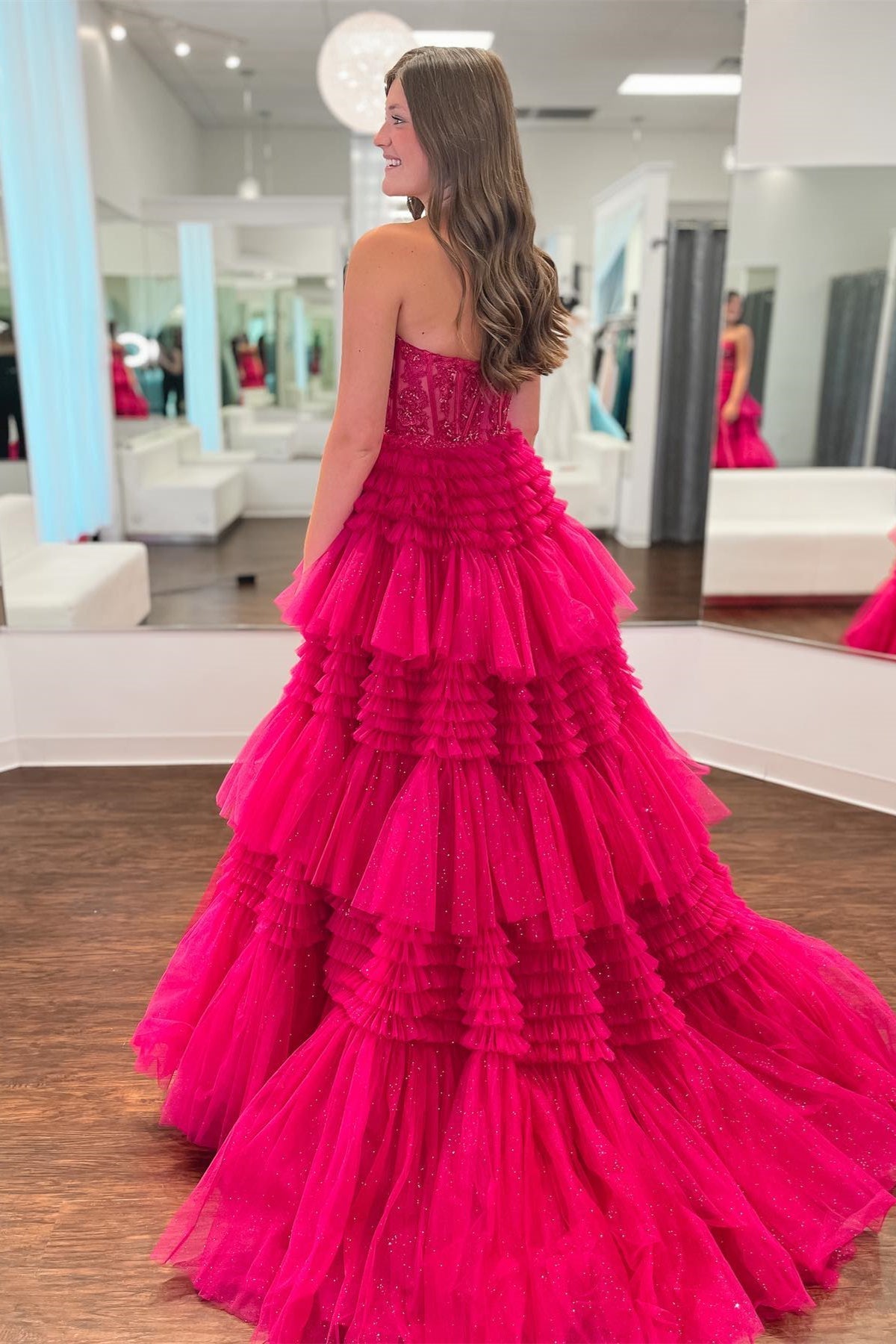 Adelyn |Fuchsia A-Line Sweetheart Tiered Tulle Prom Dress - Dresses - DINIBLO 