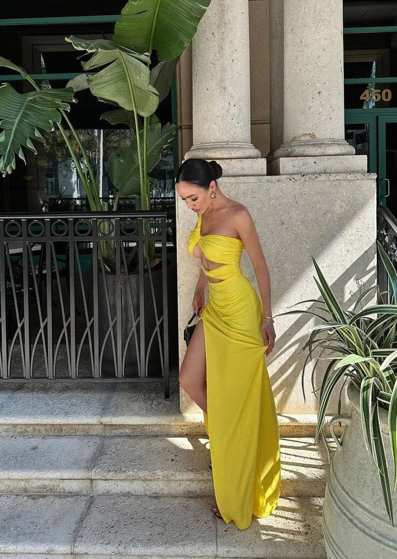 Yellow One-Shoulder Maxi Dress with Cutouts -  - DINIBLO 