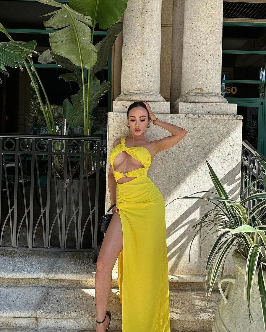 Yellow One-Shoulder Maxi Dress with Cutouts -  - DINIBLO 