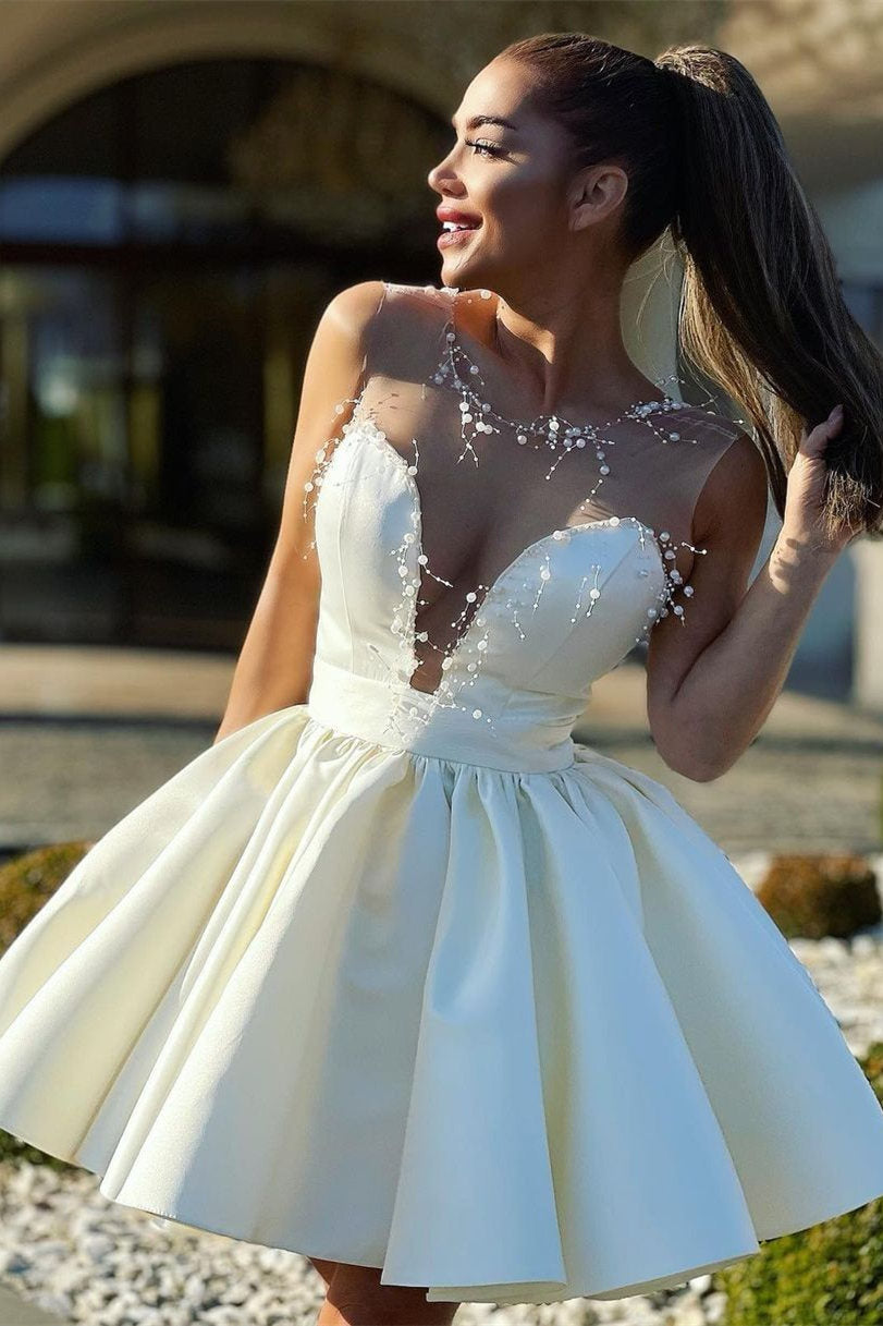 Seraphina |A-Line Illusion Neck Ivory Short Homecoming Dress with Beads - Homecoming Dress - DINIBLO 