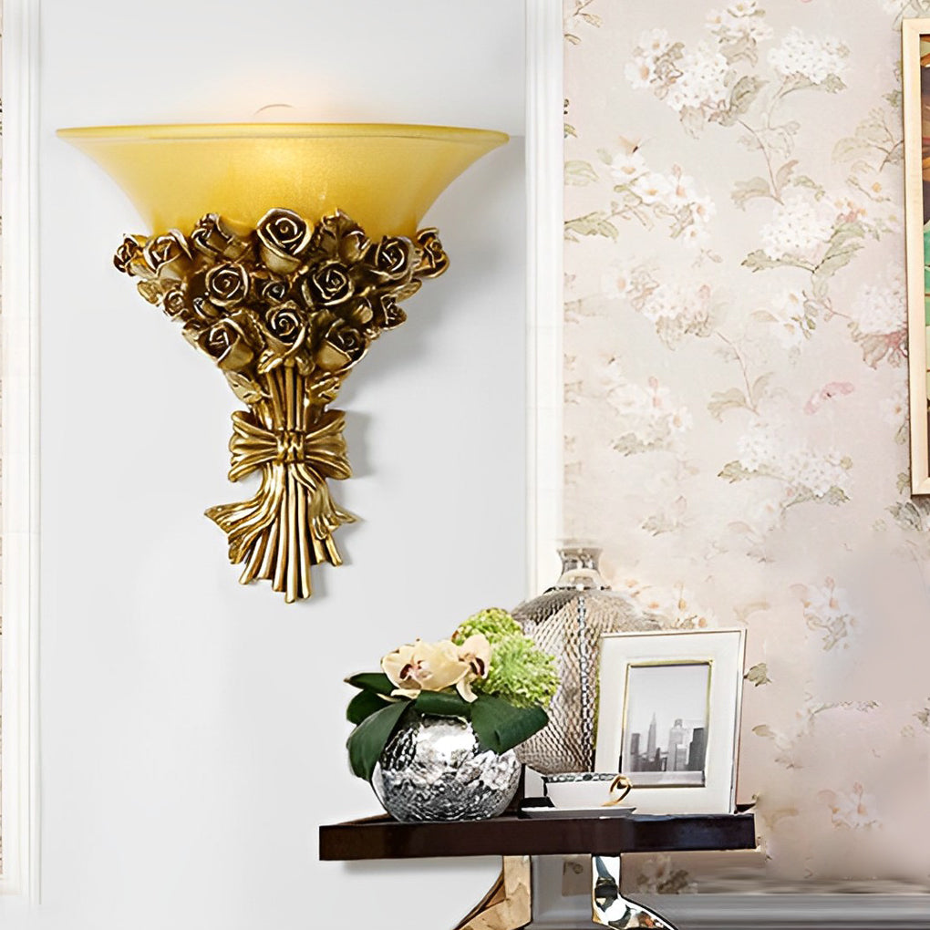 Retro Resin Roses Bouquet Glass European-Style Wall Lamp Wall Light Fixture - Lighting > Wall Lights > Wall sconces - DINIBLO 