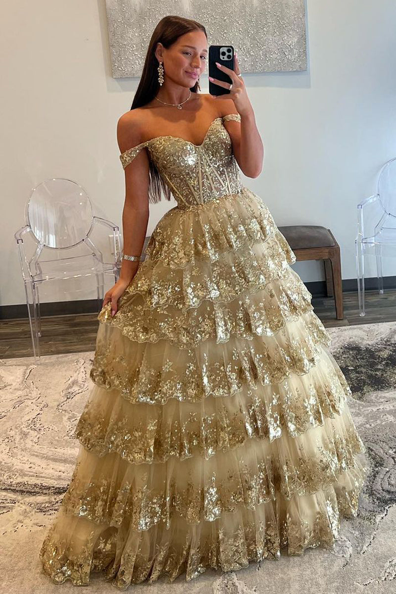 Leona |Princess Off the Shoulder Sequined Lace Prom Dress - Prom Dress - DINIBLO 