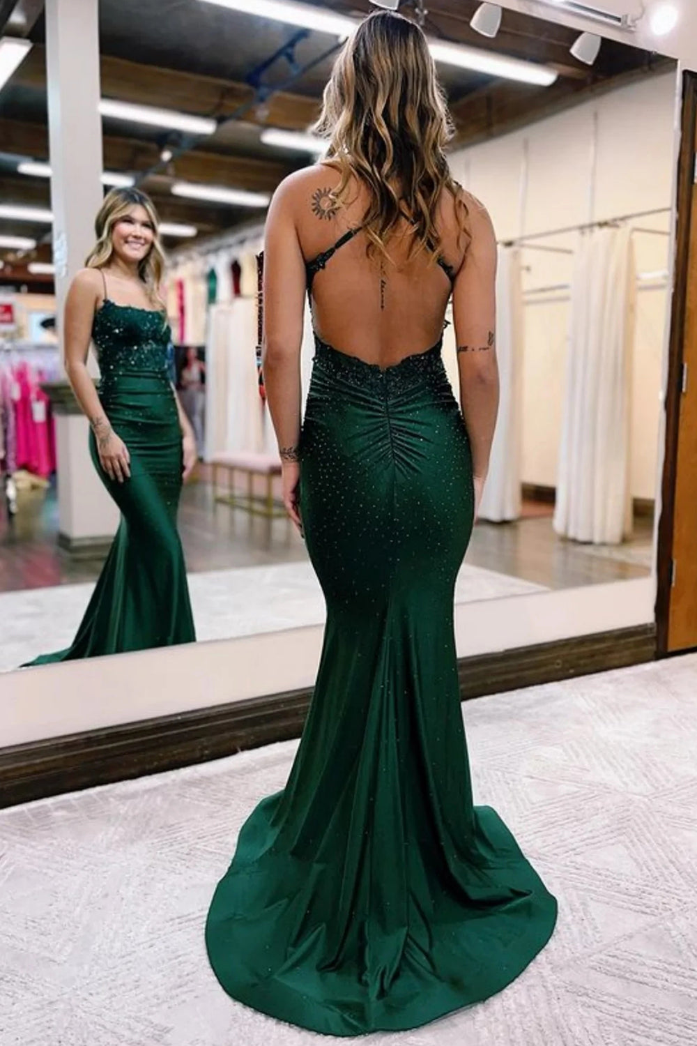 Jimena |Mermaid Spaghetti Straps Dark Green Long Prom Dress with Appliques - Prom Dress - DINIBLO 