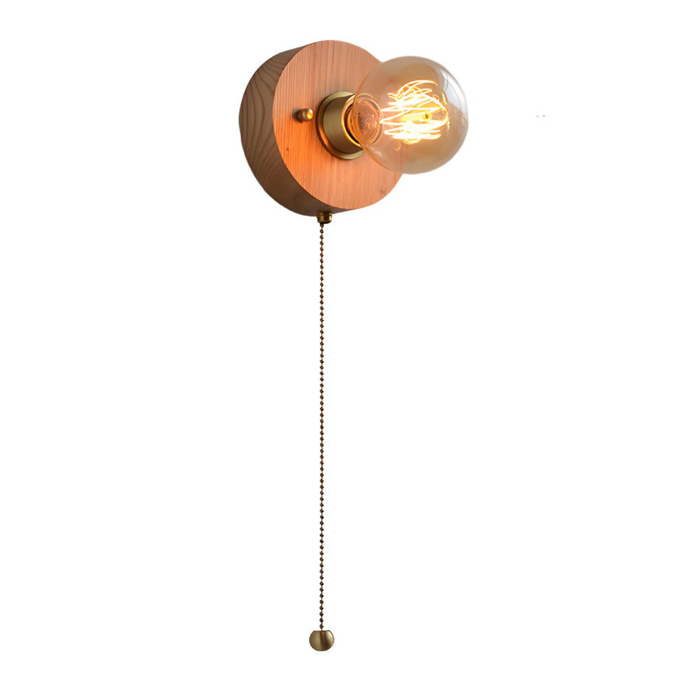 Round/Square Vintage Walnut Wood Wall Lamp 1-light with Pull Chain Switch - Lighting > Wall Lights > Wall sconces - DINIBLO 