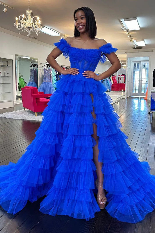 Adalynn | Royal Blue Off the Shoulder Ruffle Tiered Tulle Long Prom Dresses with Slit - Prom Dress - DINIBLO 