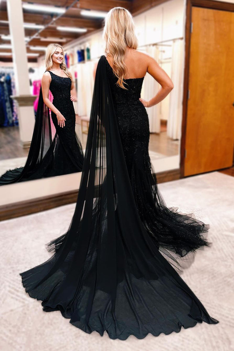 Black One Shoulder Appliques Mermaid Long Prom Dresses - Prom Dress - DINIBLO 