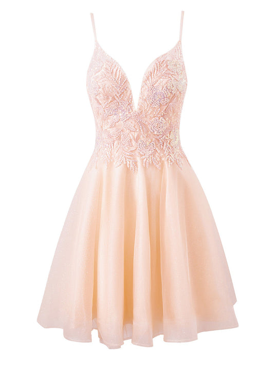 Grace | A-line Short Spaghetti Strap Glitter Tulle Homecoming Dress - Cocktail Dress - DINIBLO 