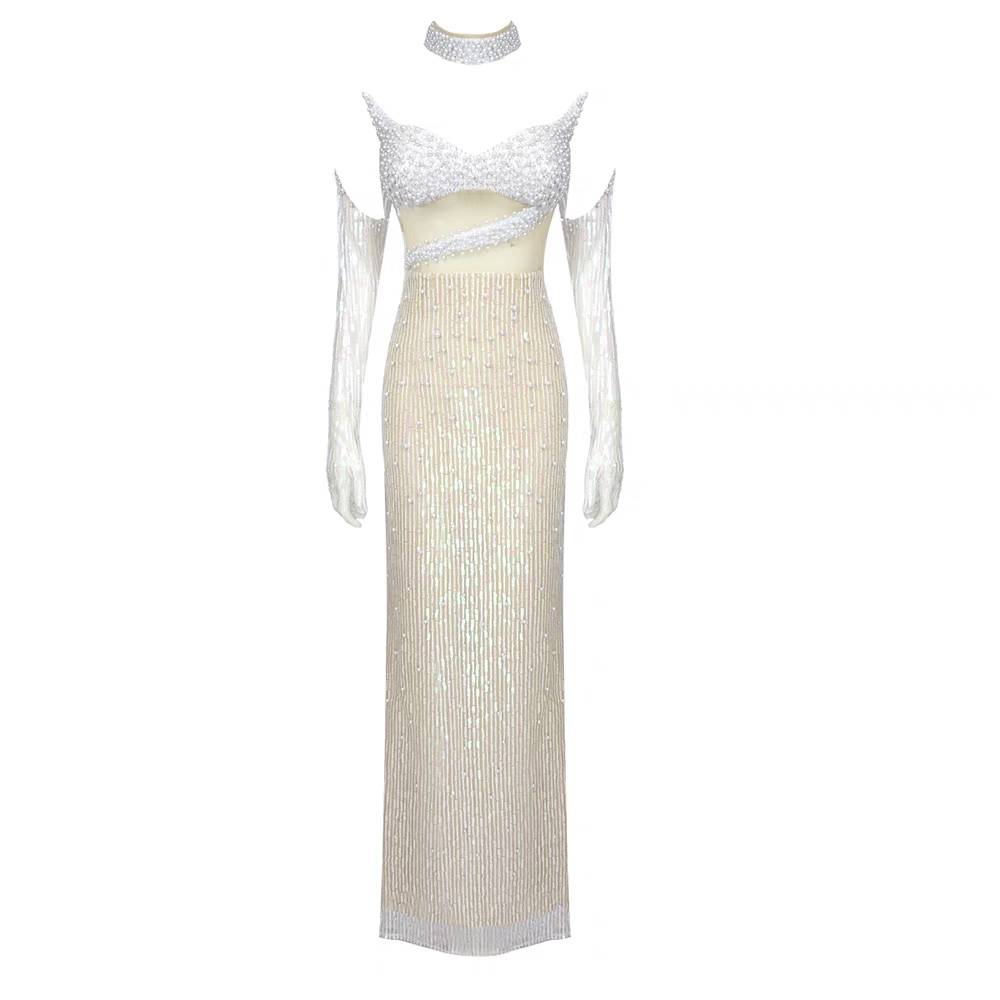 Luxury Pearl Maxi Dress High Split - Dresses - DINIBLO 