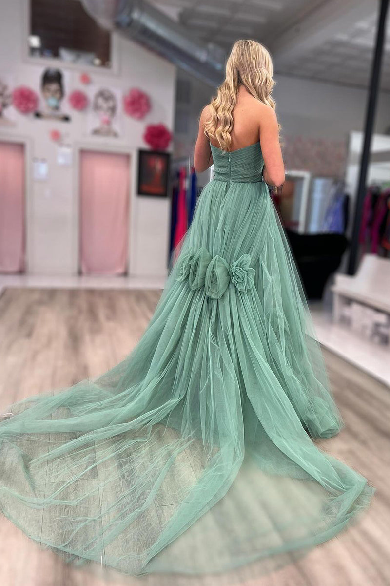 Green Strapless A-Line Tulle Long Prom Dresses - Prom Dress - DINIBLO 