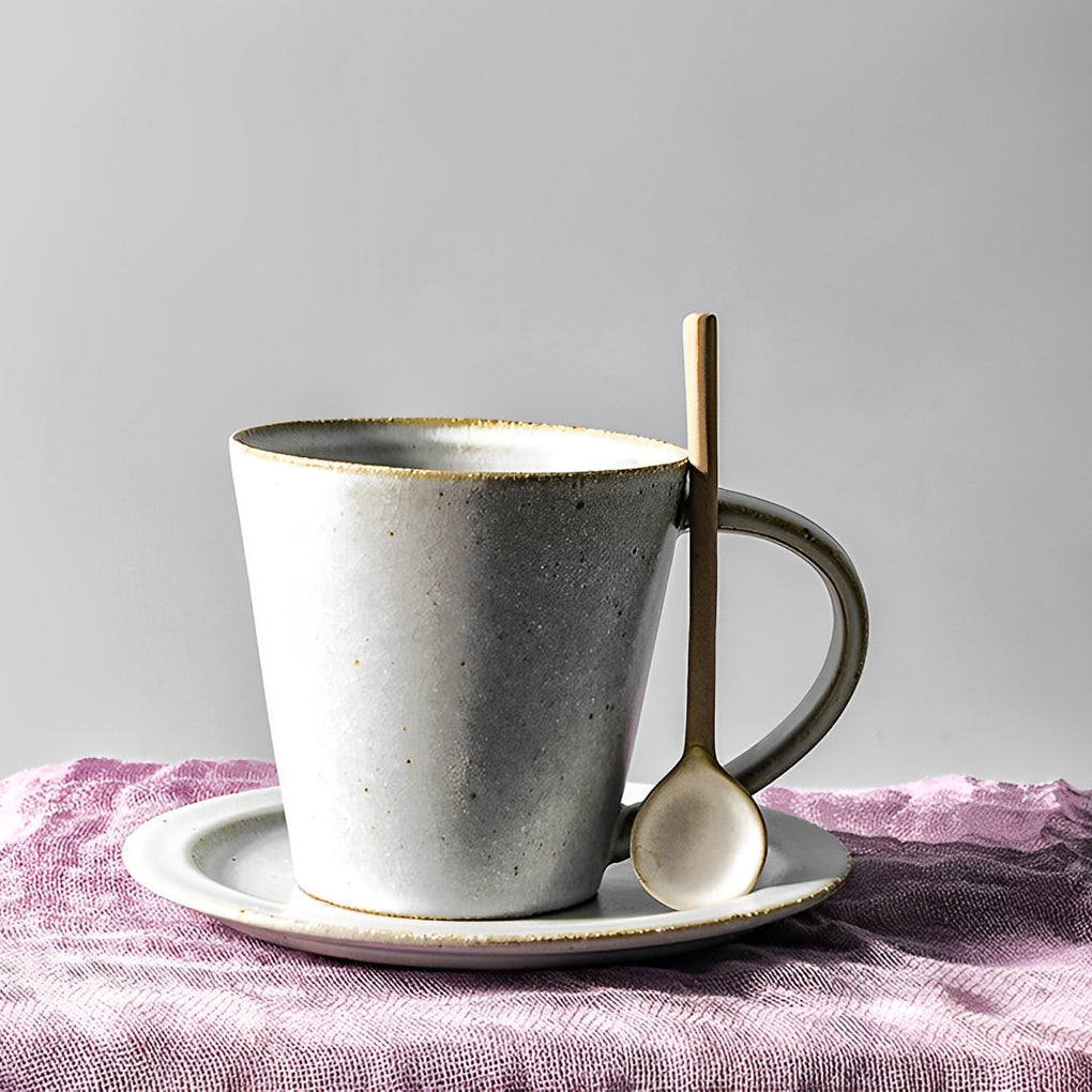 White Tapered Stoneware Mug Coffee Cup Teacup and Saucer - Home Decor > Storage Containers > Cups & Bowls & Spoons - DINIBLO 