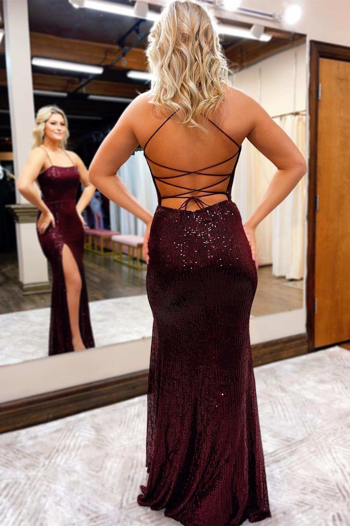 Burgundy Sequin Lace-Up Back Long Prom Dress with Slit - Prom Dresses - DINIBLO 