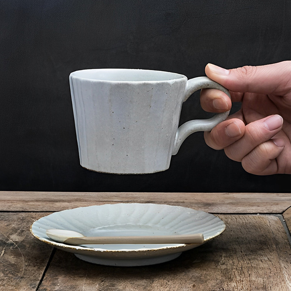 Lightly Splattered White Stoneware Cup With Spoon - Home Decor > Storage Containers > Cups & Bowls & Spoons - DINIBLO 