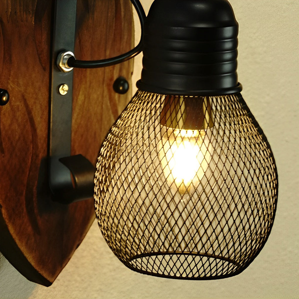 Rustic Antique Wood Iron Hollow Mesh Black E27 Industrial Style Wall Lamp - Lighting > Outdoor Lighting > Outdoor Wall Lighting - DINIBLO 