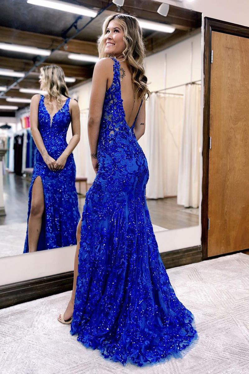 Avianna |Mermaid V Neck Sequined Lace Prom Dress with Slit - Prom Dress - DINIBLO 