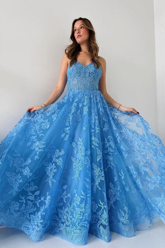 Blue Spaghetti Straps Tulle Appliques Long Prom Dresses - Prom Dress - DINIBLO 