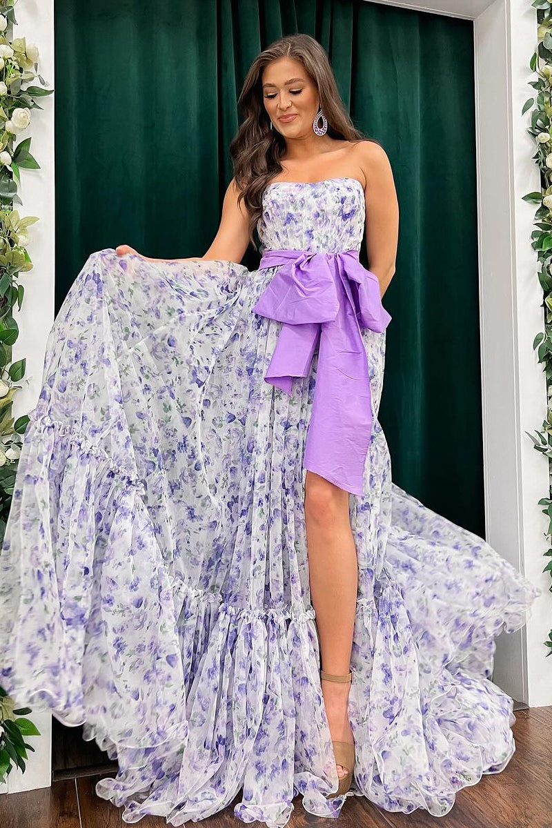 Chic Floral Printed Chiffon Strapless Long Prom Dresses with Slit - Prom Dress - DINIBLO 