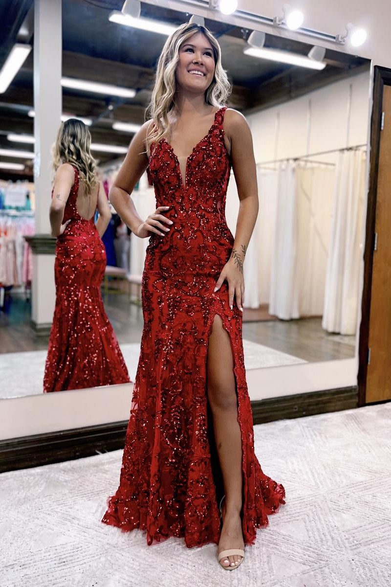 Avianna |Mermaid V Neck Sequined Lace Prom Dress with Slit - Prom Dress - DINIBLO 