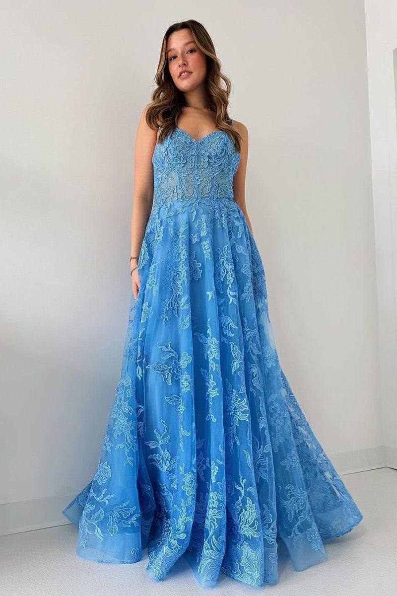 Blue Spaghetti Straps Tulle Appliques Long Prom Dresses - Prom Dress - DINIBLO 