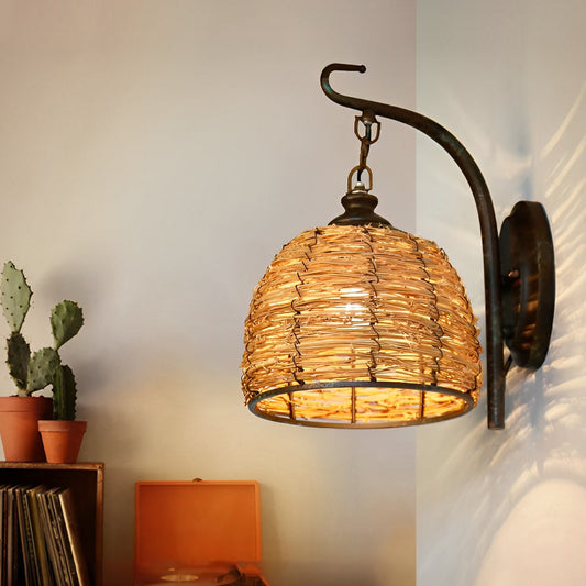 Hand Weaving Rattan Grass Iron Retro Rustic Wall Lamp Wall Light Fixture - Lighting > Wall Lights > Wall sconces - DINIBLO 