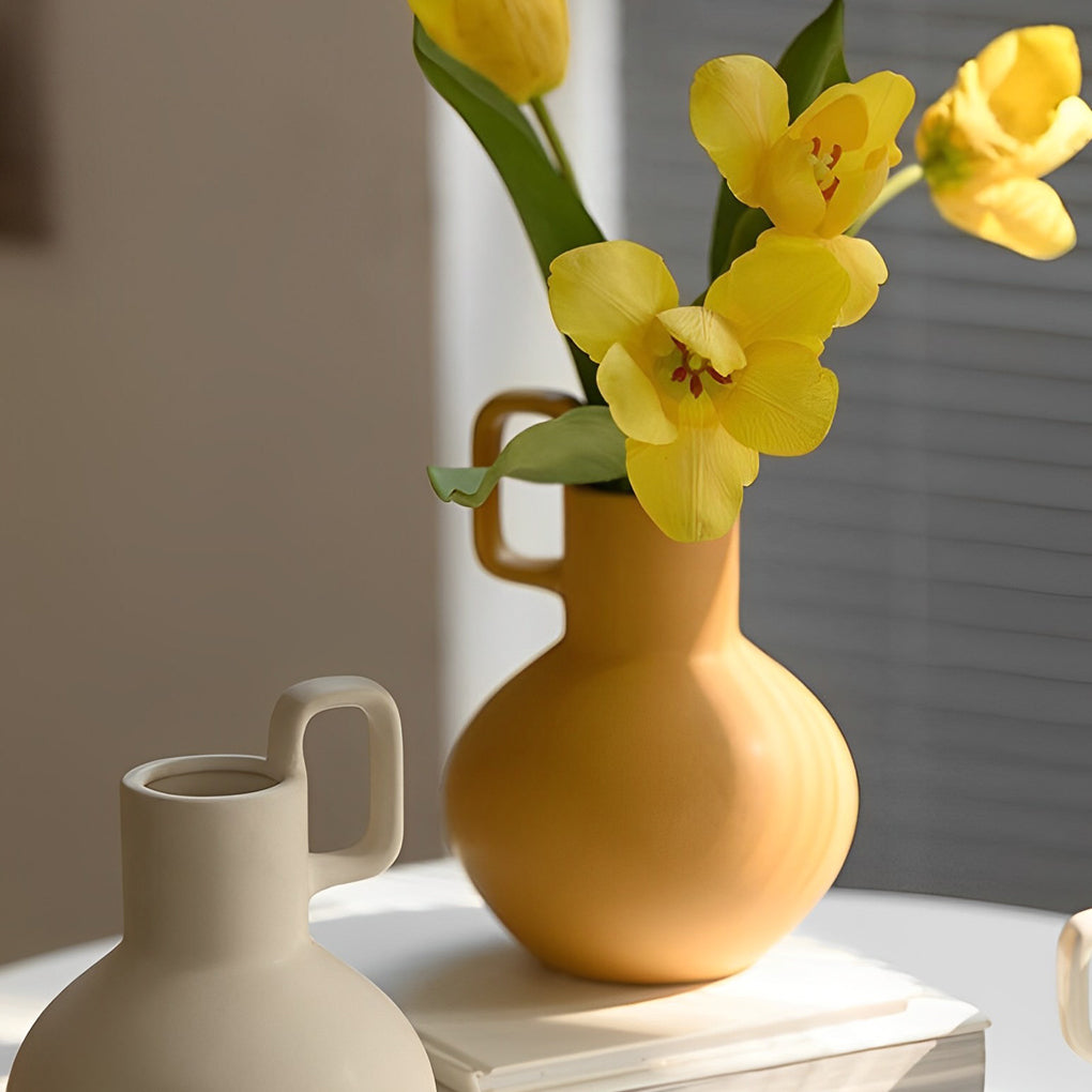 Round Ceramic White Yellow Flower Vases with Single Handle - Home Decor > Home Accessories > Vases - DINIBLO 