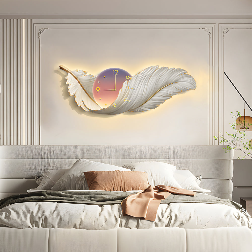 Feathers Decorative Painting with Clock USB Modern LED Wall Lamp Remote Control - Lighting > Wall Lights > Wall sconces - DINIBLO 