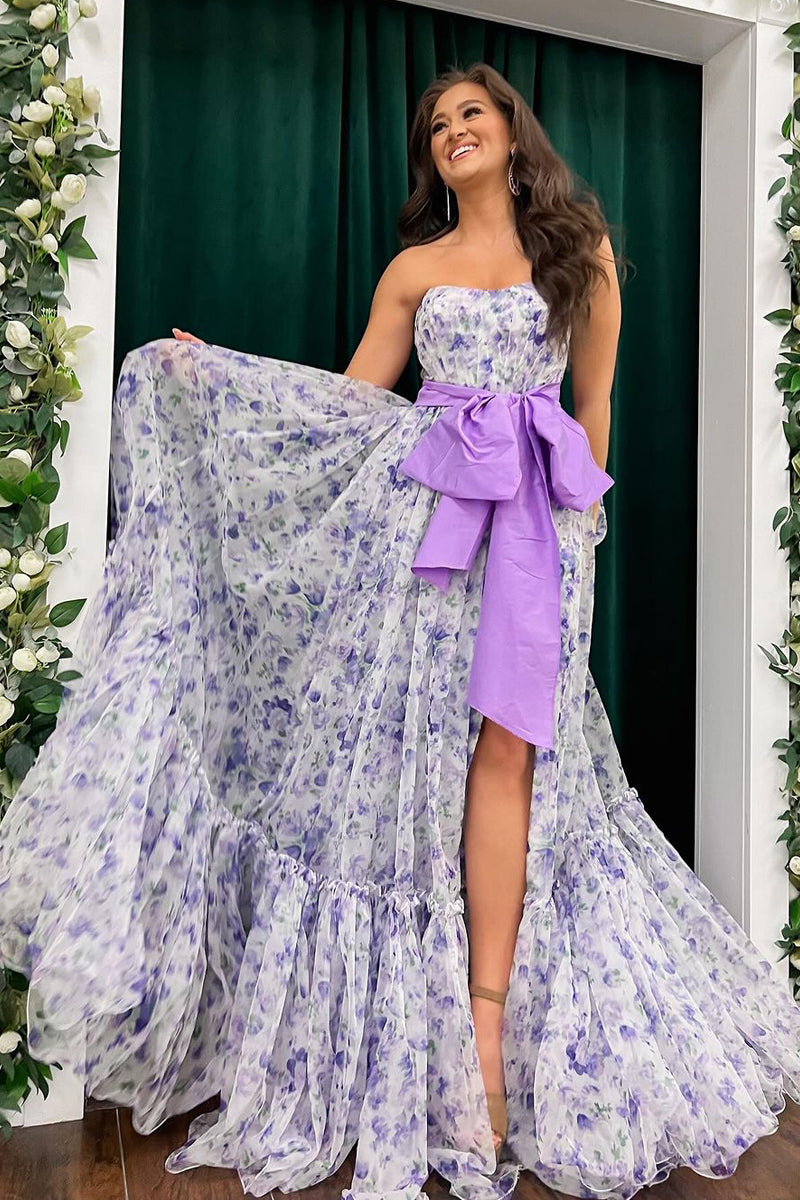 Chic Floral Printed Chiffon Strapless Long Prom Dresses with Slit - Prom Dress - DINIBLO 