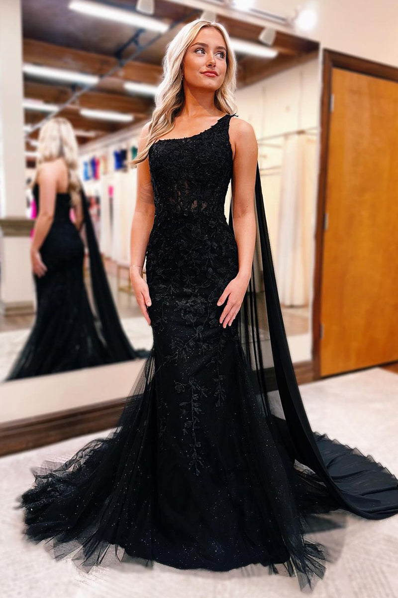 Black One Shoulder Appliques Mermaid Long Prom Dresses - Prom Dress - DINIBLO 