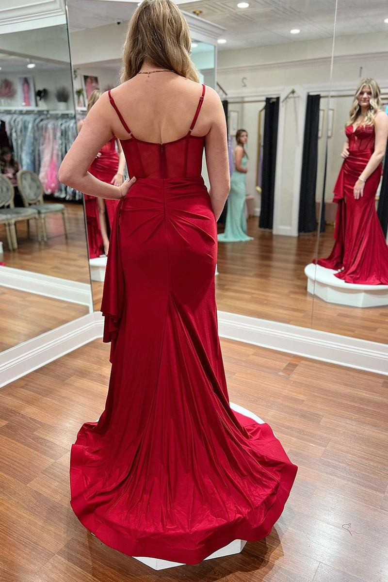 Dark Red Sweetheart Satin Mermaid Long Prom Dresses with Slit - Prom Dress - DINIBLO 