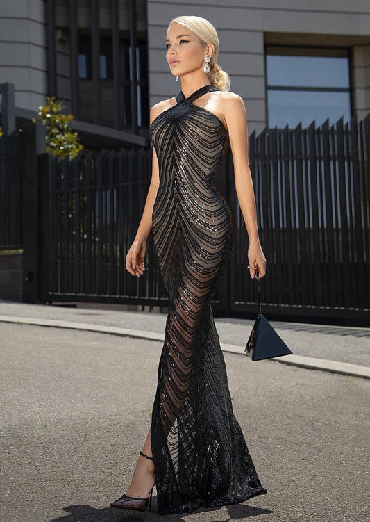 Black Sequin Maxi Dress with Front Slit -  - DINIBLO 