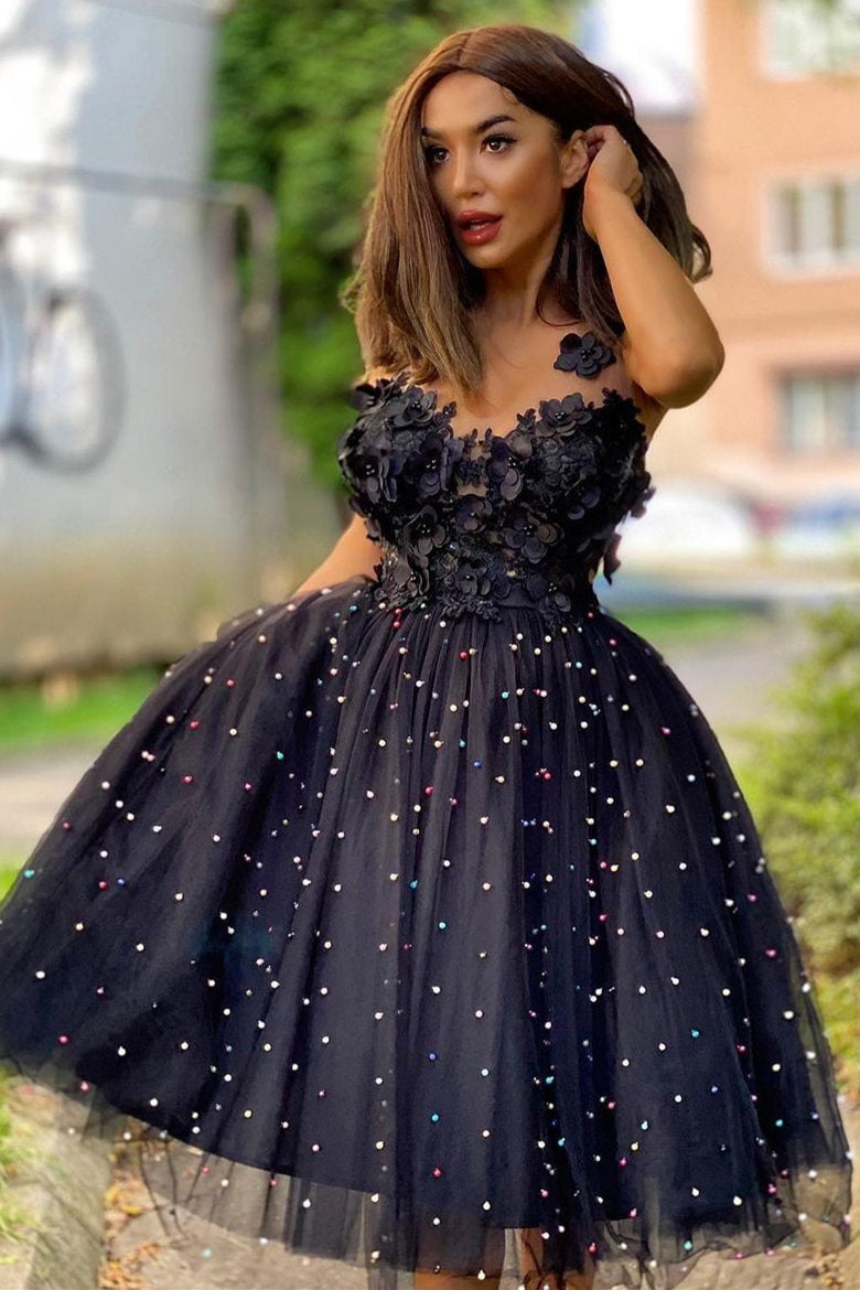 Yolanda |A-Line Beaded Tulle Homecoming Dress with Flowers - Homecoming Dress - DINIBLO 