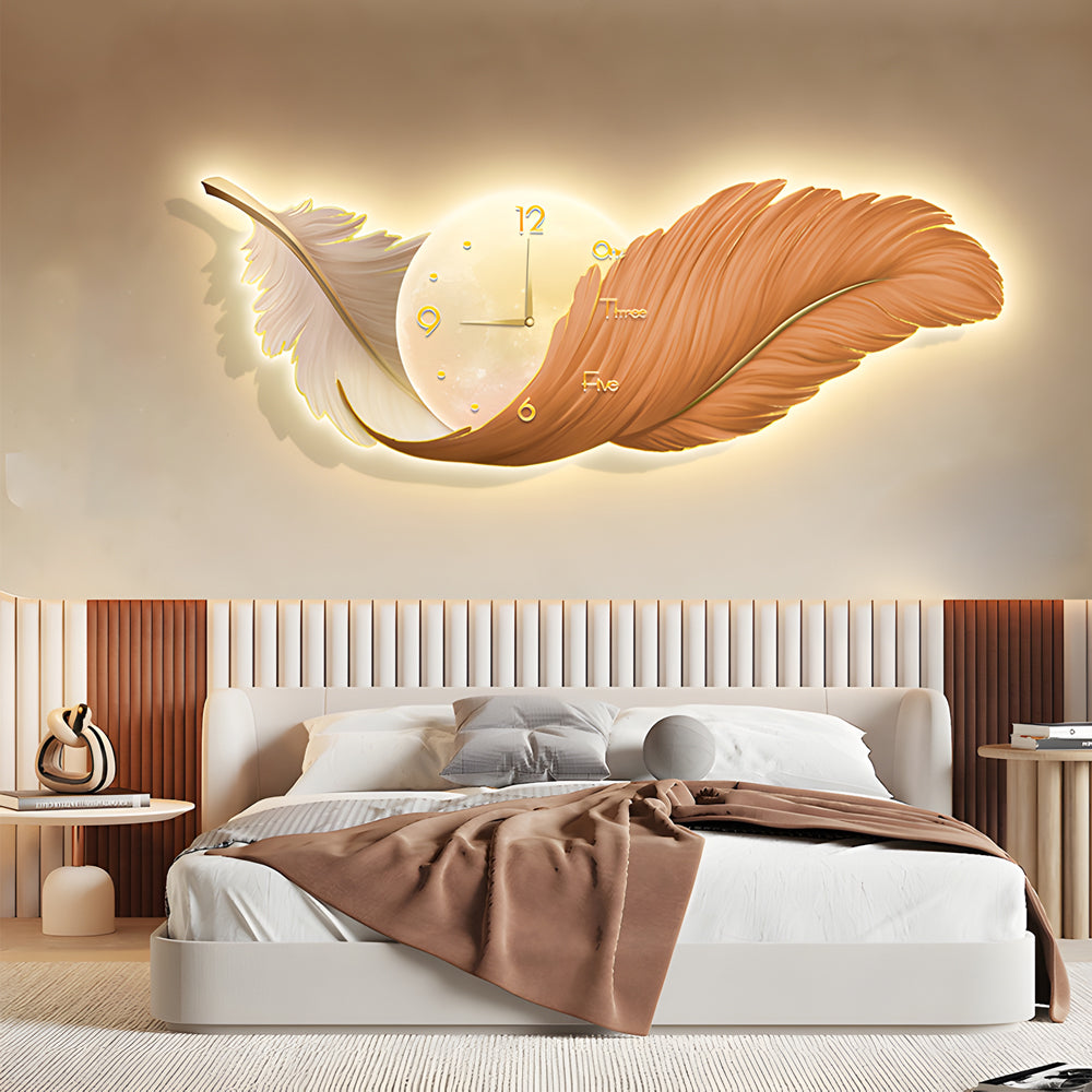 Feathers Decorative Painting with Clock USB Modern LED Wall Lamp Remote Control - Lighting > Wall Lights > Wall sconces - DINIBLO 