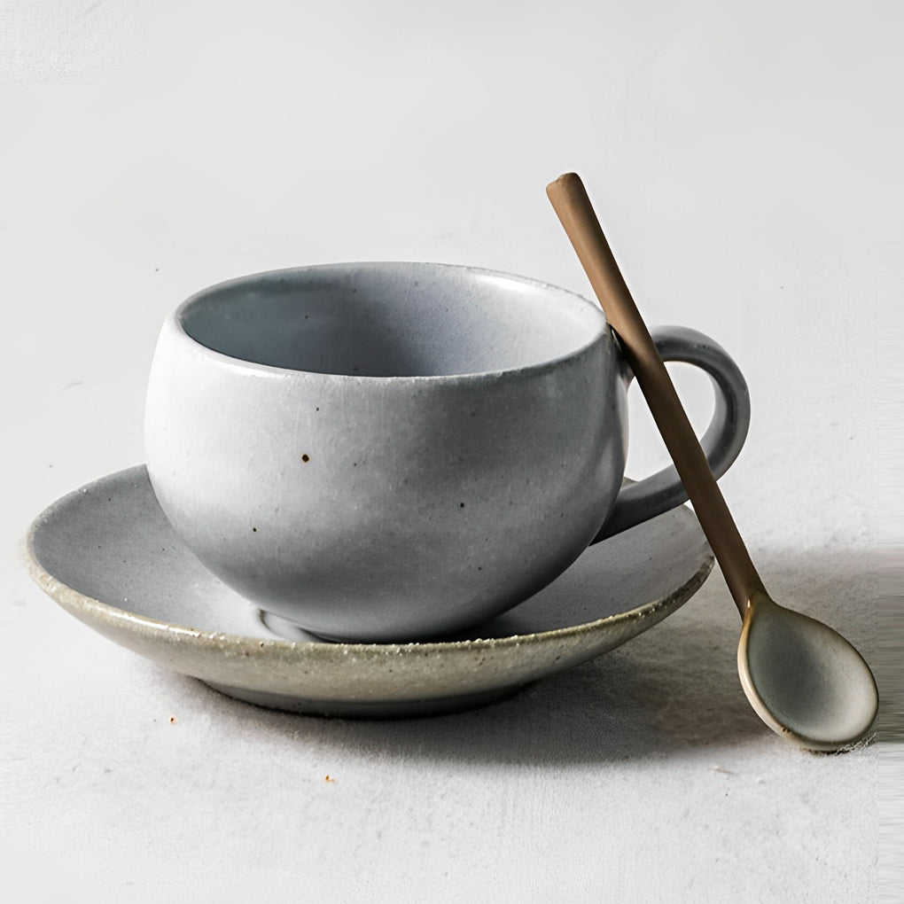 White Tapered Stoneware Mug Coffee Cup Teacup and Saucer - Home Decor > Storage Containers > Cups & Bowls & Spoons - DINIBLO 