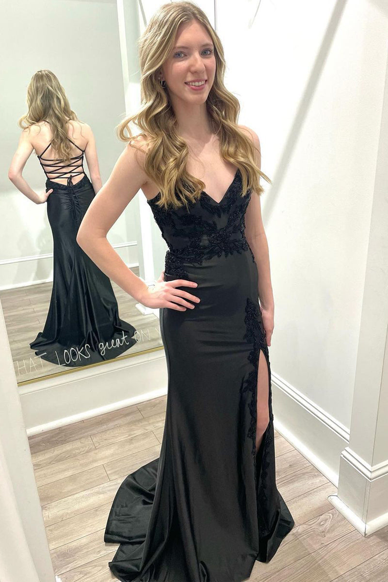 Black V Neck Satin Mermaid Long Prom Dresses with Slit - Prom Dress - DINIBLO 