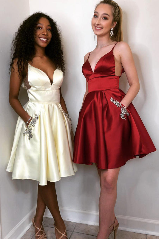 Tamsin |A-line Spaghetti Straps Satin Homecoming Dress with Pockets - Homecoming Dresses - DINIBLO 