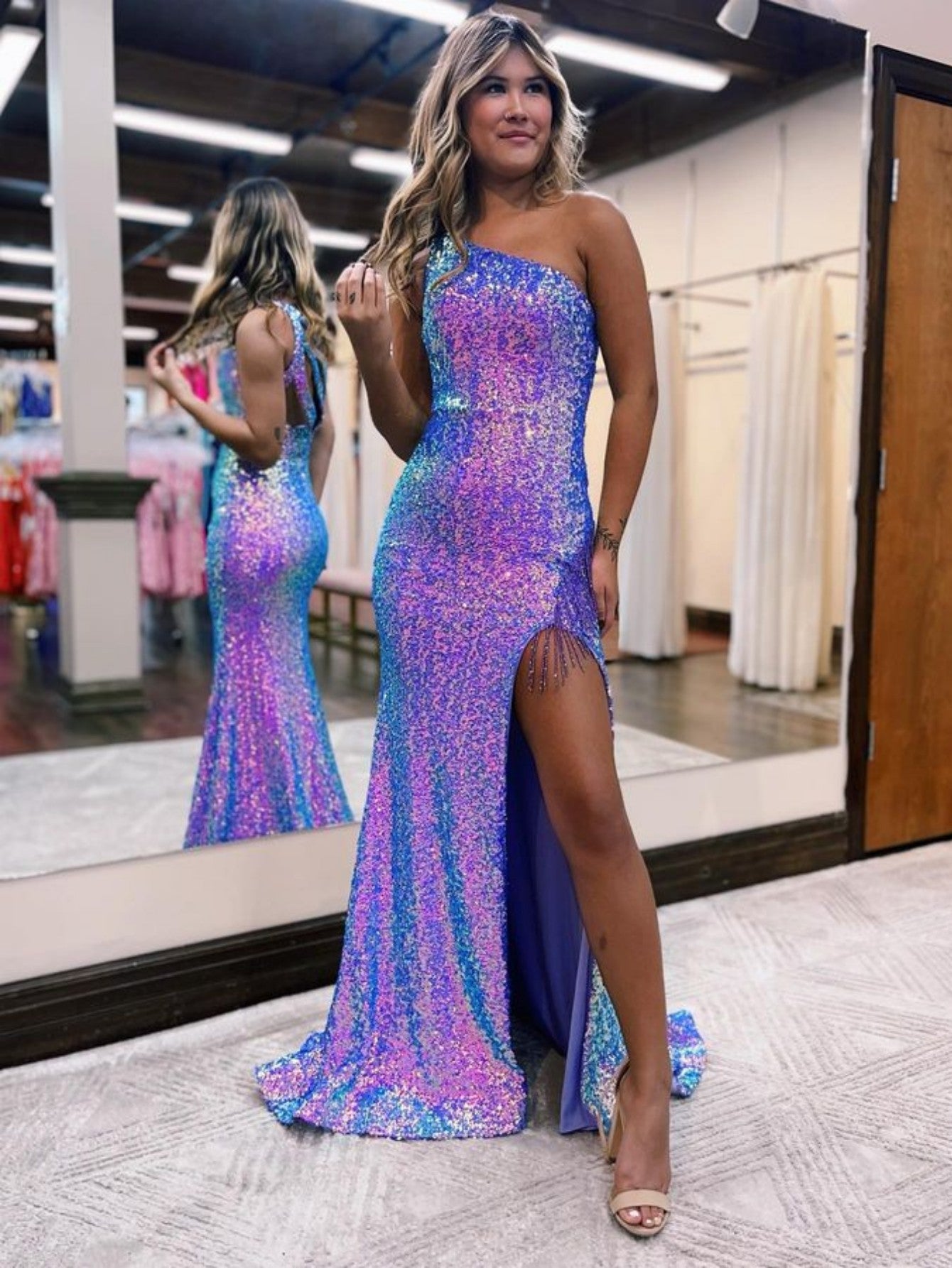 Adelina |Mermaid One-Shoulder Sequins Prom Dress With Tassels - prom dress - DINIBLO 