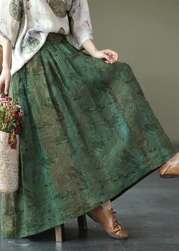 Women Green Print Ramie Elastic Waist Skirt - Skirts - DINIBLO 