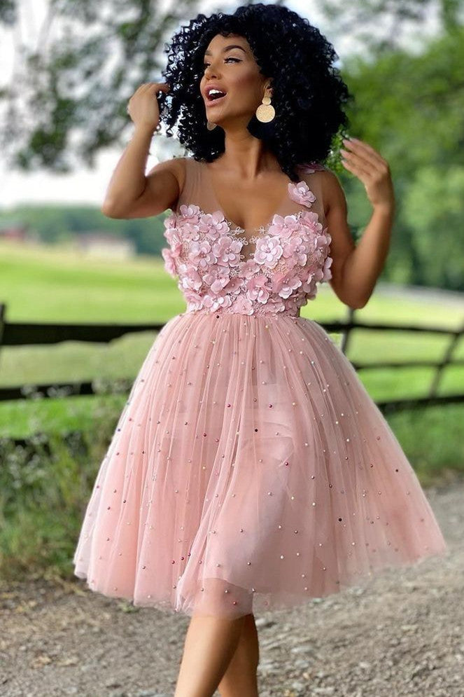 Yolanda |A-Line Beaded Tulle Homecoming Dress with Flowers - Homecoming Dress - DINIBLO 