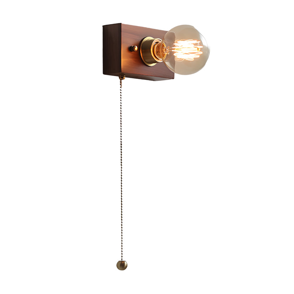 Round/Square Vintage Walnut Wood Wall Lamp 1-light with Pull Chain Switch - Lighting > Wall Lights > Wall sconces - DINIBLO 