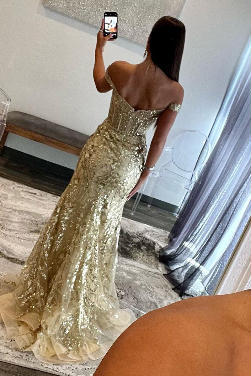 Soleil | Gold Sequin Lace Off the Shoulder Mermaid Prom Dress - Prom Dress - DINIBLO 