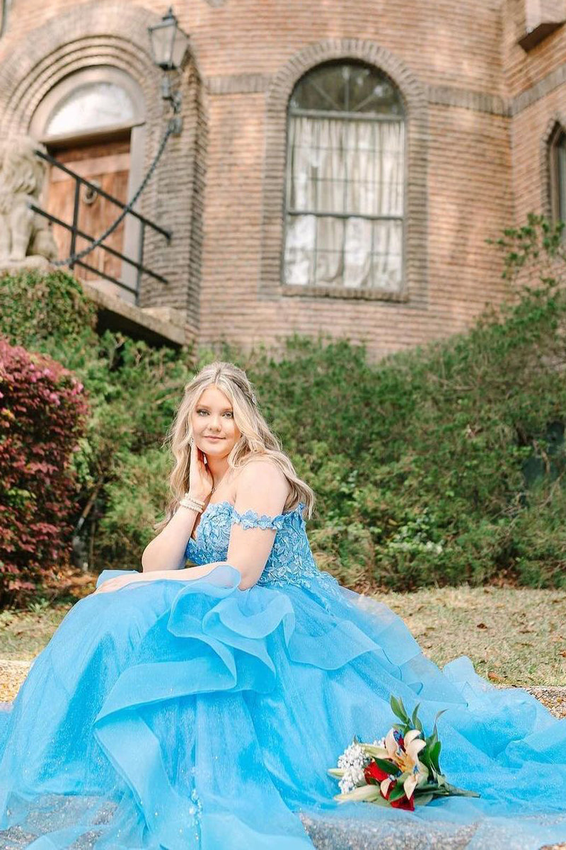 Blue Off the Shoulder Ruffle Tiered Tulle Long Prom Dresses with Appliques - Prom Dress - DINIBLO 