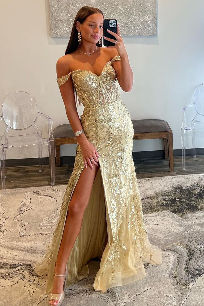 Soleil | Gold Sequin Lace Off the Shoulder Mermaid Prom Dress - Prom Dress - DINIBLO 