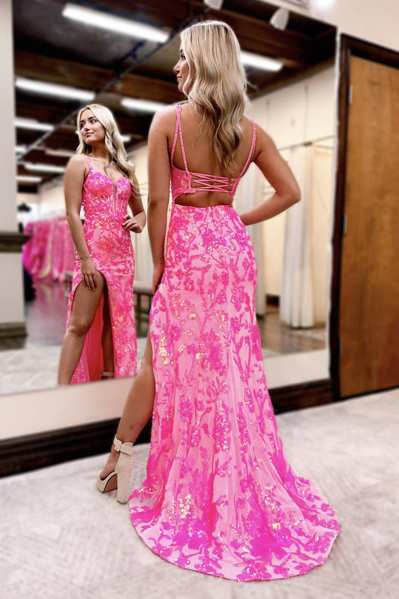 Pink Sweetheart Sequins Lace Mermaid Prom Dresses with Slit - Prom Dress - DINIBLO 