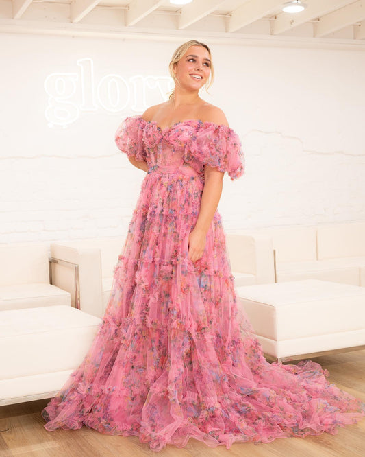 Sydney |A Line Off The Shoulder Floral Tulle Prom Dress - Prom Dress - DINIBLO 