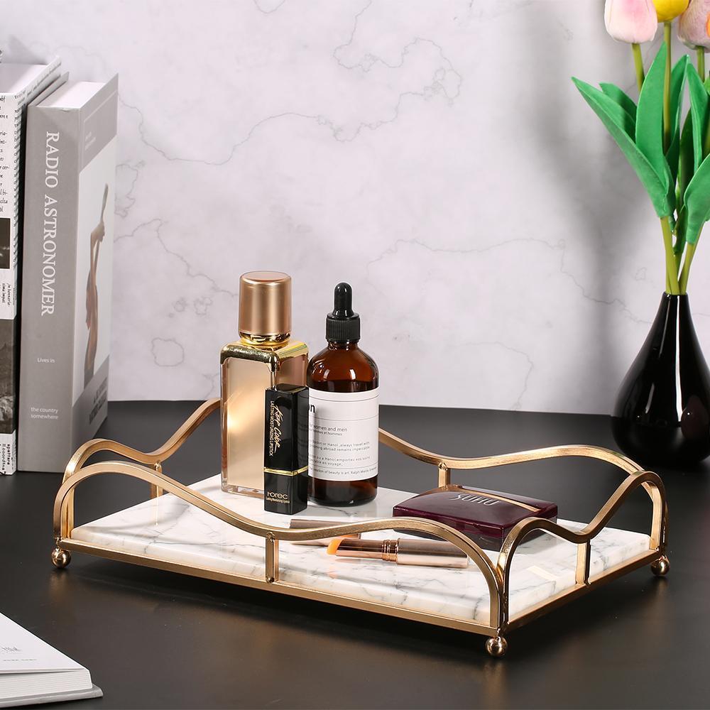 Rectangle Jewelry Perfume Tray Large Serving Tray with Gold Holder White - Organization > Storage Containers > Storage Trays - DINIBLO 