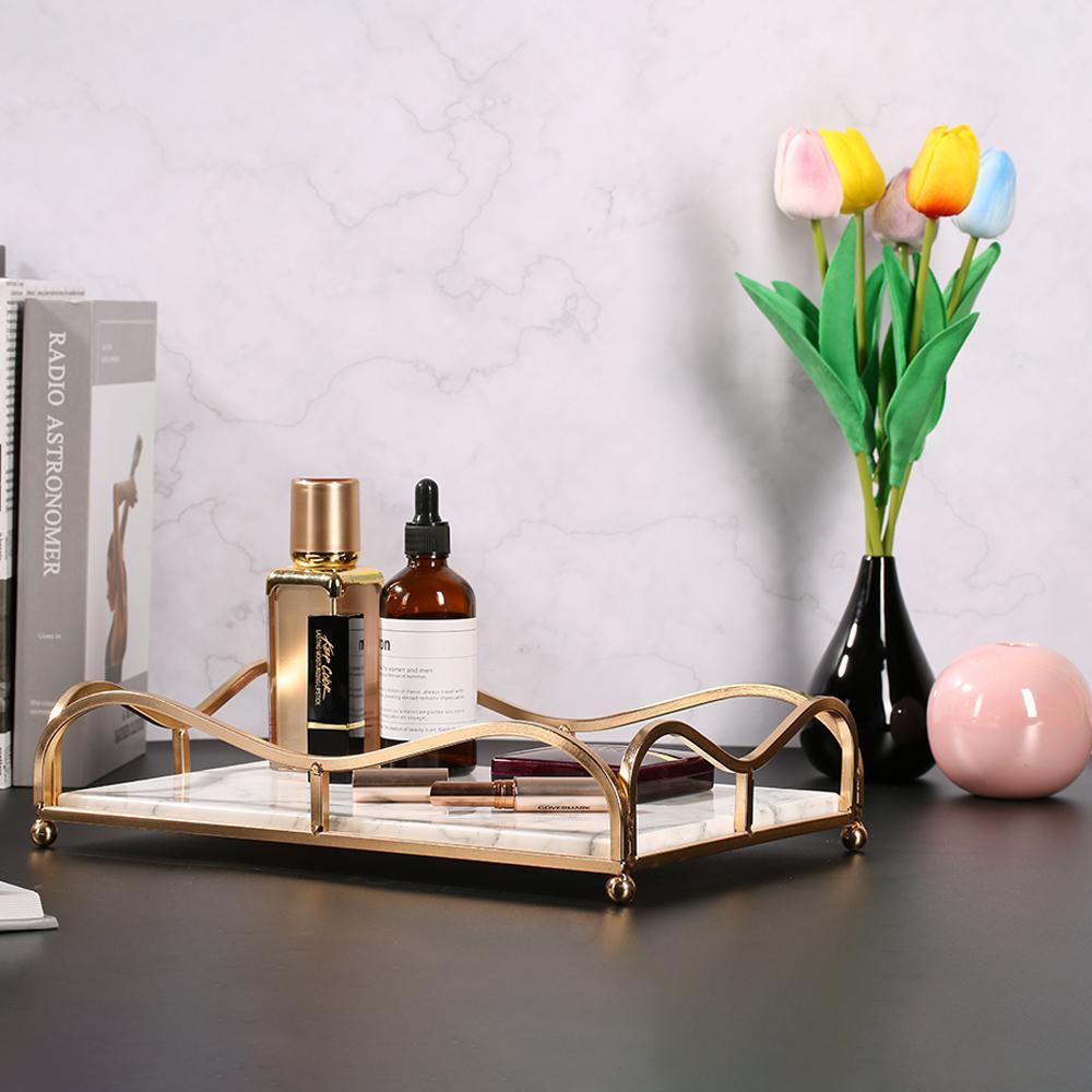 Rectangle Jewelry Perfume Tray Large Serving Tray with Gold Holder White - Organization > Storage Containers > Storage Trays - DINIBLO 