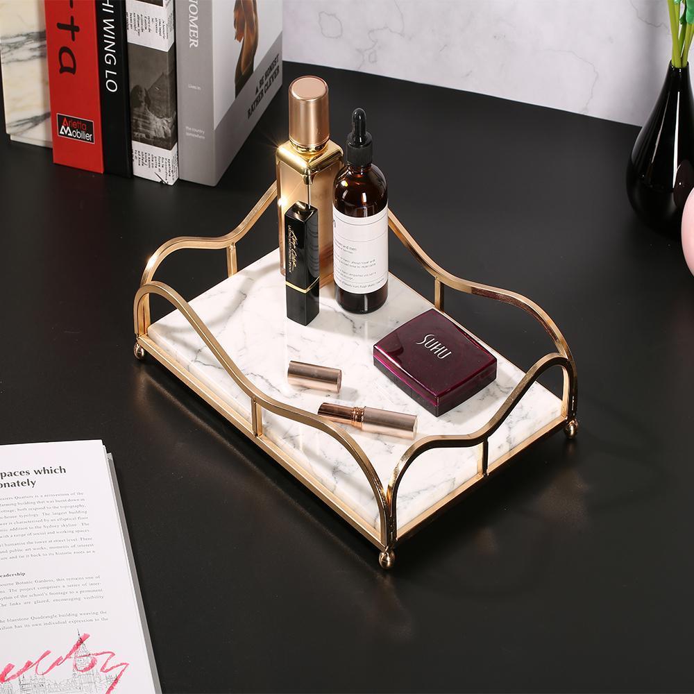 Rectangle Jewelry Perfume Tray Large Serving Tray with Gold Holder White - Organization > Storage Containers > Storage Trays - DINIBLO 